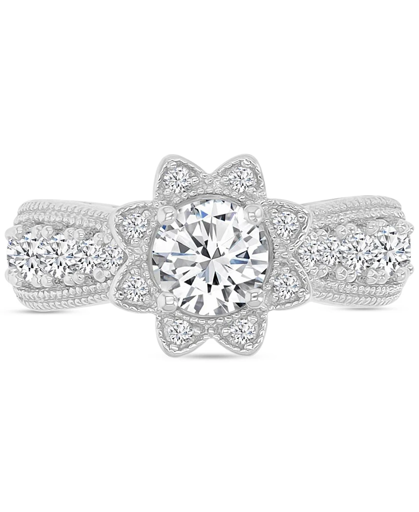 Cubic Zirconia Star Halo Milgrain Bead Ring Sterling Silver