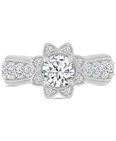 Cubic Zirconia Star Halo Milgrain Bead Ring Sterling Silver