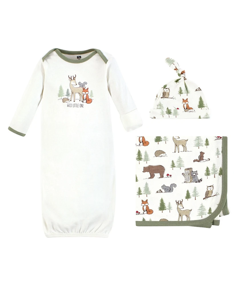 Hudson Baby Baby Boys Hudson Gown, Swaddle Blanket and Cap or Headband, Forest Animals, 0-6 Months