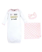 Hudson Baby Baby Girls Hudson Gown, Swaddle Blanket and Cap or Headband, Daddy Hearts, 0-6 Months