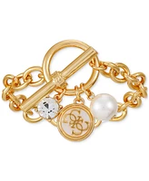 Guess Gold-Tone Mixed Stone Logo Charm Link Bracelet