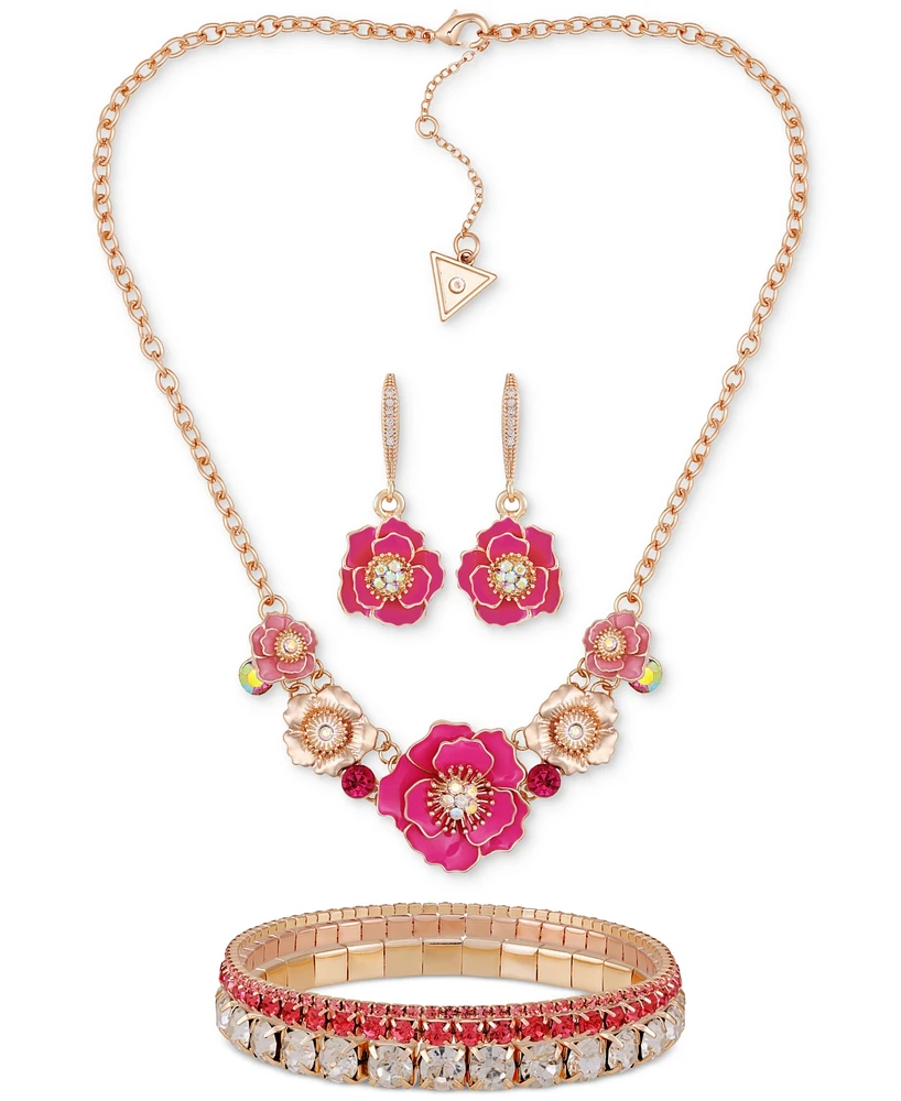Guess Flower Statement Necklace, Drop Earrings & Stretch Bracelet Set