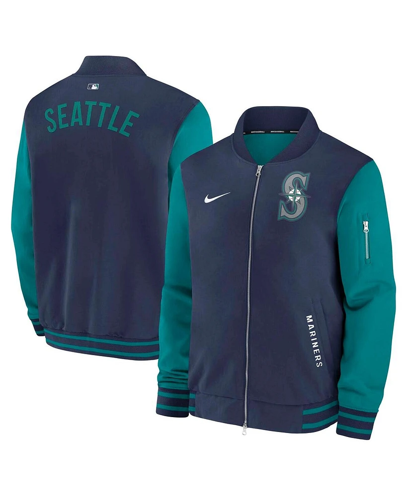 Nike Men's Navy/Aqua Seattle Mariners Authentic Collection Dugout Full-Zip Bomber Jacket