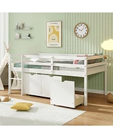 Twin Size Low Loft Bed with 3 Drawers with Ladder and Full-length Guardrails