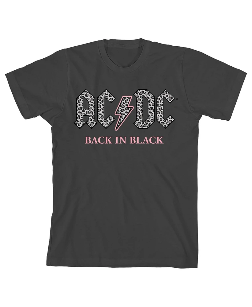 Ac/Dc Girls Back Black Gray Leopard Print Logo Crew Neck Short Sleeve
