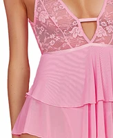 Hauty Women's Lace Plunge Neck Babydoll and Panty 2 Pc Lingerie Set