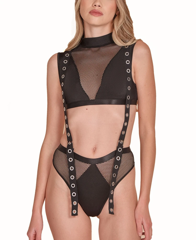 Hauty Women's 2PC Mock and Panty Lingerie Set Attached with Twill Straps Working Silver Buckles