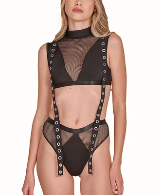 Hauty Women's 2PC Mock and Panty Lingerie Set Attached with Twill Straps Working Silver Buckles