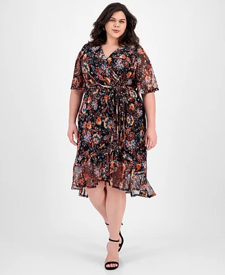 Connected Plus Printed Mesh High-Low Faux-Wrap Dress