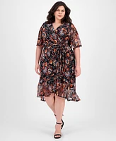 Connected Plus Printed Mesh High-Low Faux-Wrap Dress