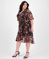 Connected Plus Printed Mesh High-Low Faux-Wrap Dress