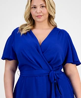 Connected Plus Tie-Waist Flutter-Sleeve Midi Dress