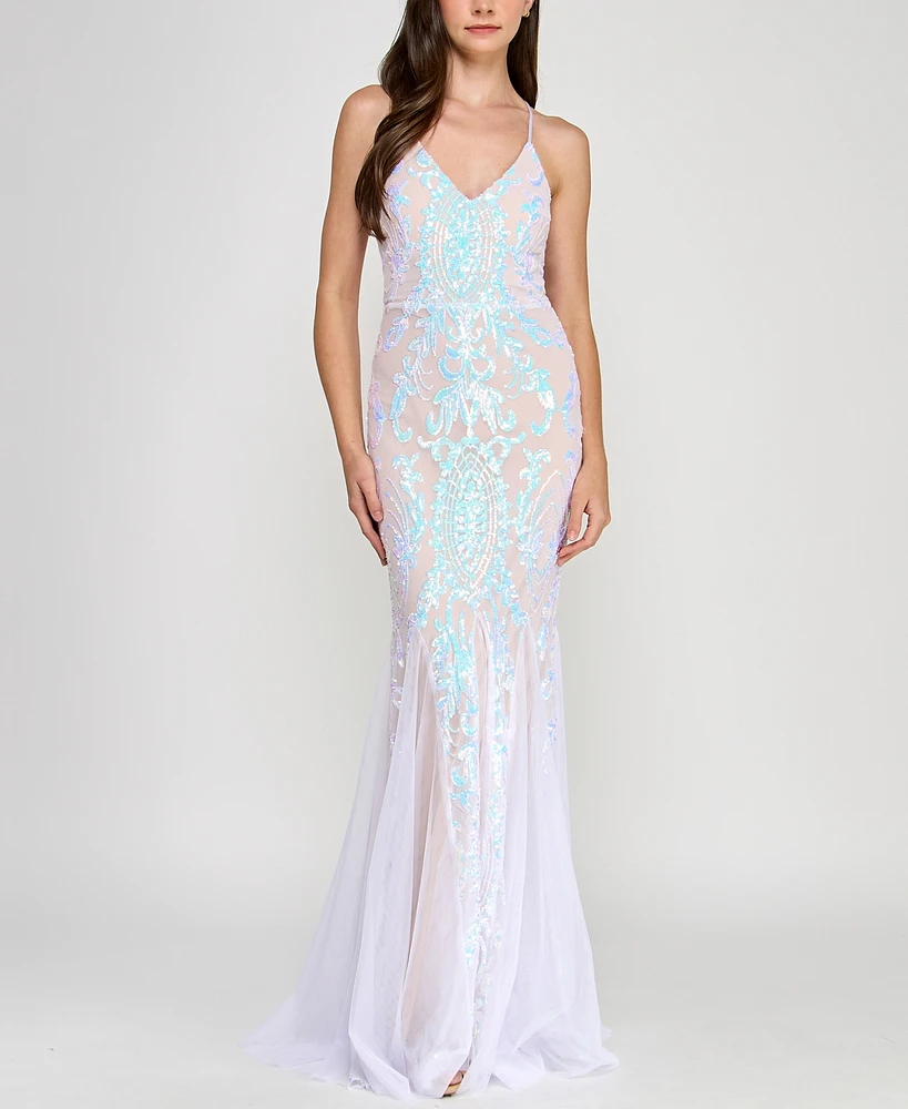 Crystal Doll Juniors' Lace-Up-Back Sequin Mesh Gown