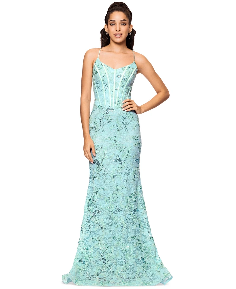 Betsy & Adam Women's Sequined Lace Corset Gown