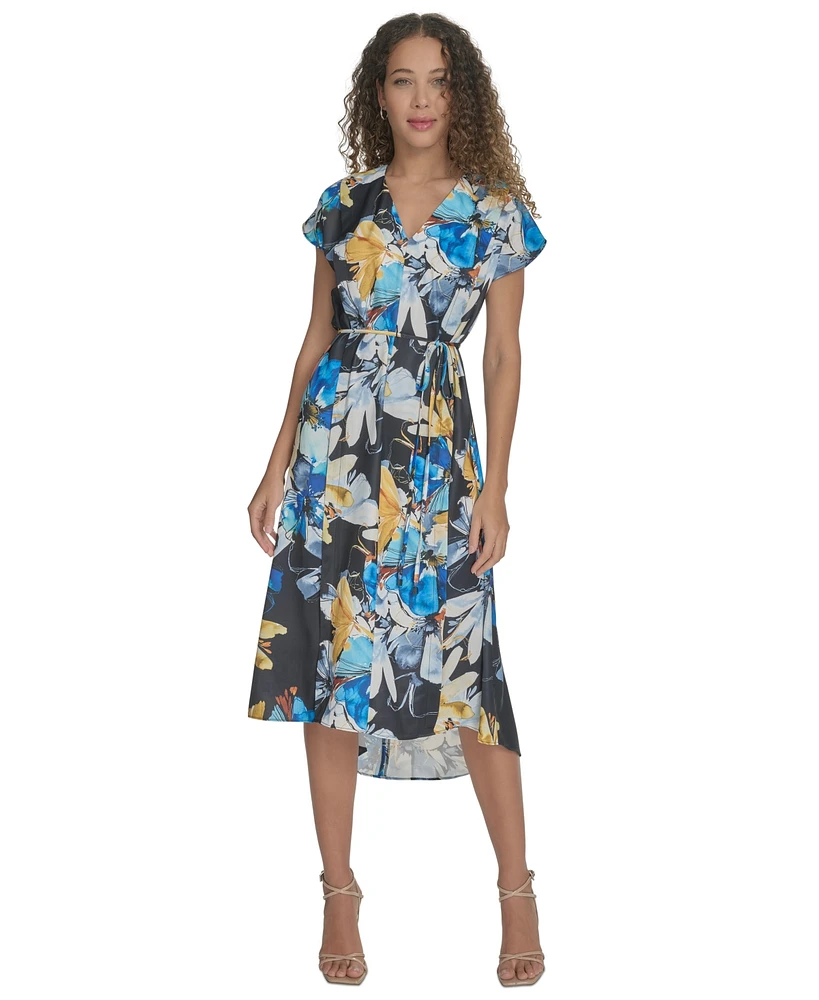 Calvin Klein Women's Floral Tie-Waist High-Low Midi Dress