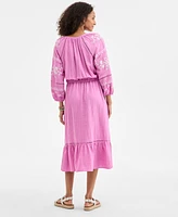 Style & Co Petite Cotton Embroidered Tassel-Tie Midi Dress, Exclusively at Macy's