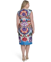 Vince Camuto Plus Placement-Print Cap-Sleeve Midi Dress
