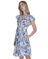 Eliza J Petite Floral Flutter-Sleeve Smocked-Waist Dress