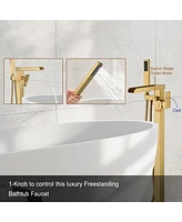 Freestanding Bathtub Faucet Tub Filler Floor Mount Bathroom Faucets Brass Single Handle with Handheld Spray, Brushed Nickel