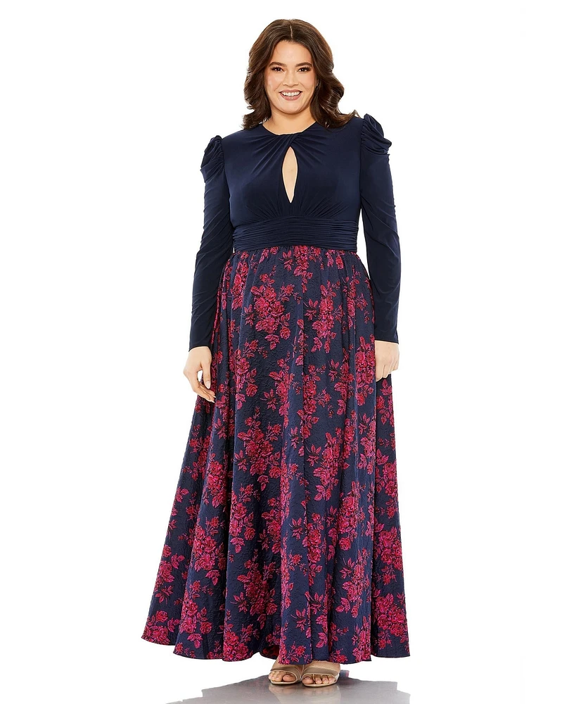Mac Duggal Plus Long Sleeve Keyhole Knot Neck Floral Bottom Gown