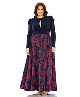 Mac Duggal Plus Long Sleeve Keyhole Knot Neck Floral Bottom Gown