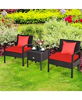 Gymax 3 Piece Outdoor Rattan Conversation Furniture Set w/ Cushion & Storage Table