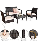 Gymax 4 Piece Patio Rattan Set Sectional Sofa Glass Table w/ Cushions