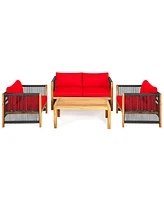 Gymax 8PCS Acacia Wood Outdoor Patio Furniture Conversation Set W/ Cushions