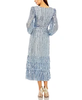 Mac Duggal Women's Long Sleeve Deep V Tiered Ruffle Sequin Dress