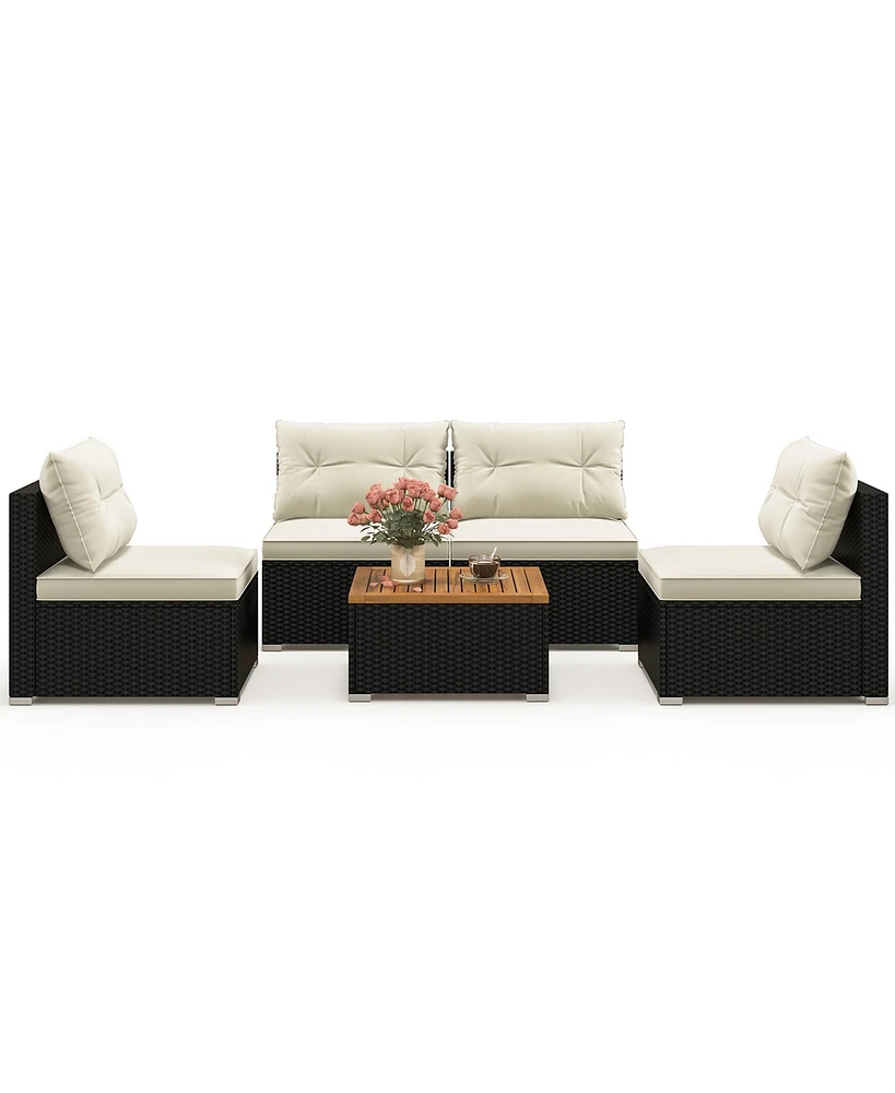 Gymax 5 Pcs Rattan Sofa Set Outdoor Wicker Furniture Set w/ Back Cushions & Square Coffee Table