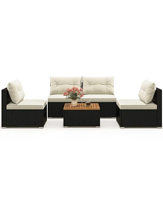 Gymax 5 Pcs Rattan Sofa Set Outdoor Wicker Furniture Set w/ Back Cushions & Square Coffee Table