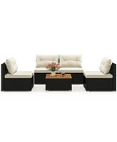 Gymax 5 Pcs Rattan Sofa Set Outdoor Wicker Furniture Set w/ Back Cushions & Square Coffee Table