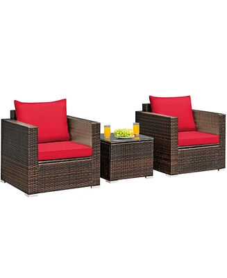 Gymax 3 Piece Outdoor Patio Rattan Conversation Furniture Set w/ Cushions & Coffee Table