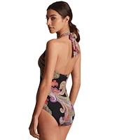 Lauren Ralph Women's Printed Macrame Ring Halter One-Piece Swimsuit