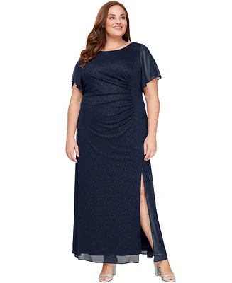 Sl Fashions Plus Flutter-Sleeve Side-Ruched Glitter Gown