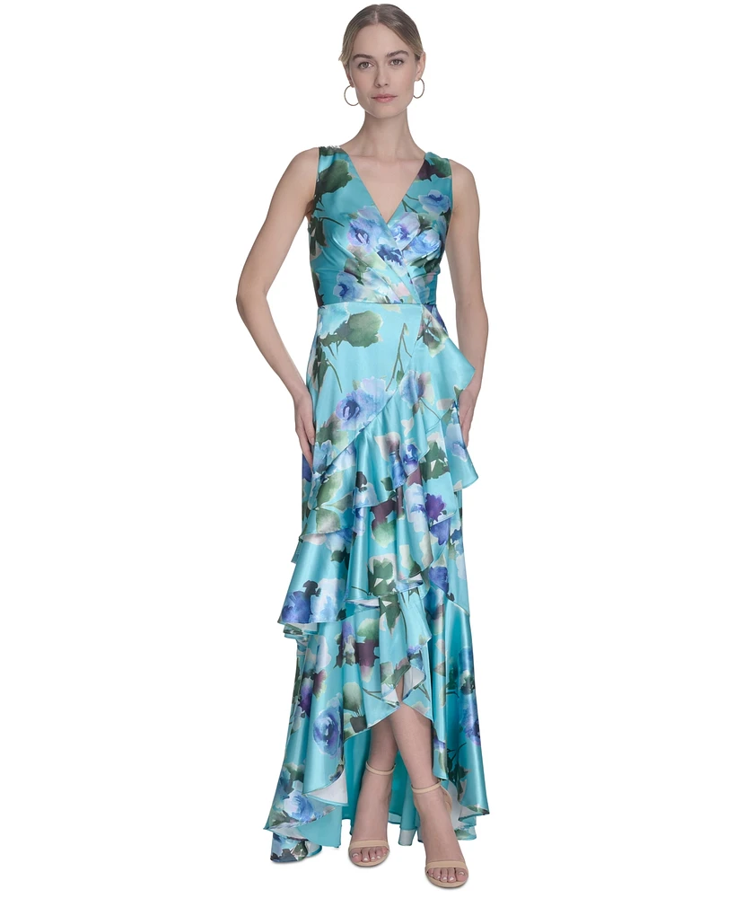 Eliza J Women's Floral-Print Satin Wrap-Style Gown