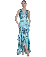 Eliza J Women's Floral-Print Satin Wrap-Style Gown