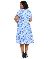 London Times Plus Floral-Print Bow Fit & Flare Dress