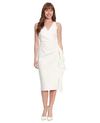 London Times Petite Surplice-Neck Side-Ruffle Midi Dress
