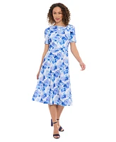 London Times Petite Floral-Print Bow-Neck Midi Dress