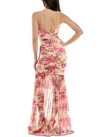 Juniors' Printed Ruched High-Low Ruffled Gown, Created for Macy's