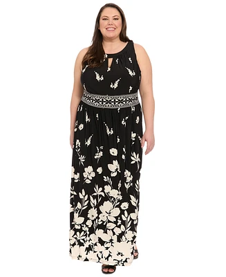 London Times Plus Placement- Print Keyhole Maxi Dress