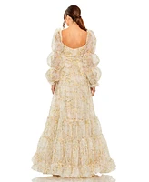 Mac Duggal Women's Sweetheart Balloon Sleeve Chiffon Tiered Gown
