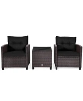 Gymax 3PCS Outdoor Patio Rattan Conversation Set Garden Yard w/ Cushions Coffee Table