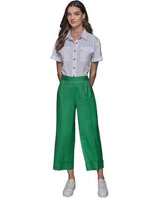 Karl Lagerfeld Paris Petite Linen-Blend Wide-Leg Pants