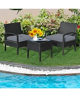 Gymax 3 Piece Outdoor Patio Rattan Conversation Furniture Set Yard w/ Cushions & Coffee Table