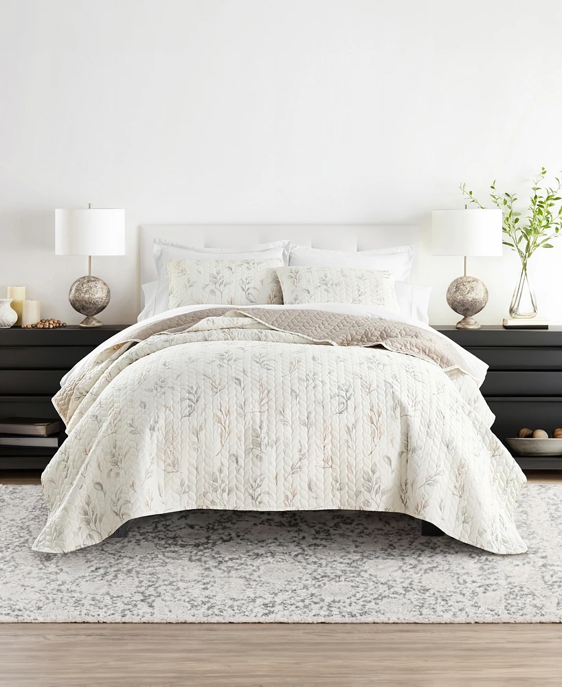 ienjoy Home Watercolor Leaves and Stripe Reversible 3-Pc. Quilt Set, Full/Queen