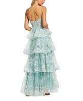Mac Duggal Women's Spaghetti Strap Applique Tiered Ruffle Gown