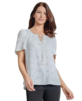 Jones New York Petite Short-Sleeve Knit Eyelet Top