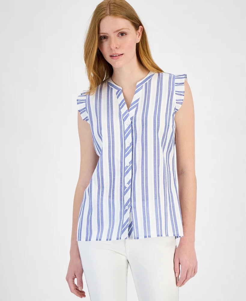 Tommy Hilfiger Women's Cotton Textured-Stripe Ruffled Shirt
